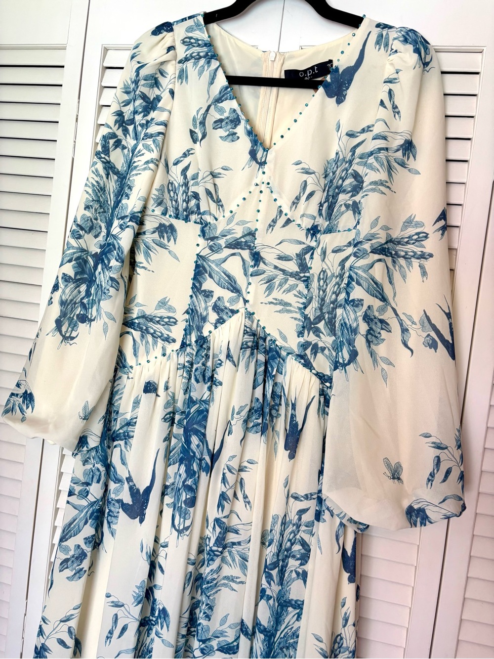 NWT O.P.T Abrielle Botanical Blue Empire Waist Lantern Sleeve Dress Small - Picture 9 of 10